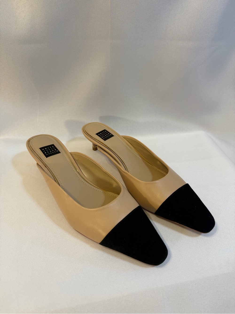 White House Black Market Beige and Black Pointed-Toe Mule Heels